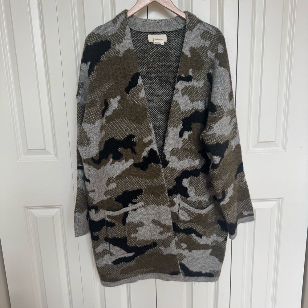 Anthropologie Camouflage Knit Open Cardigan in Olive & Gray